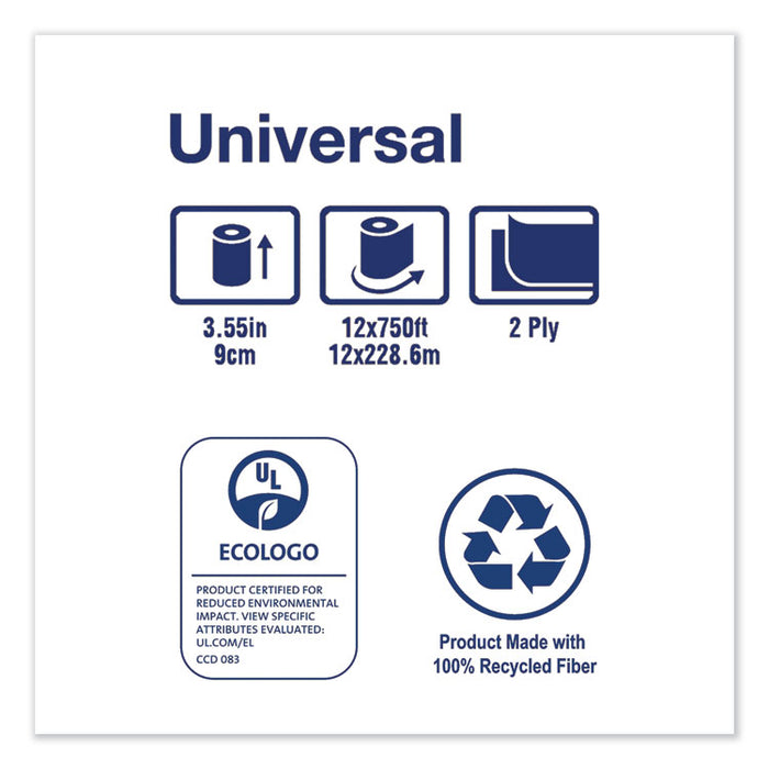 Universal Jumbo Bath Tissue, Septic Safe, 2-Ply, White, 3.48" x 750 ft, 12 Rolls/Carton