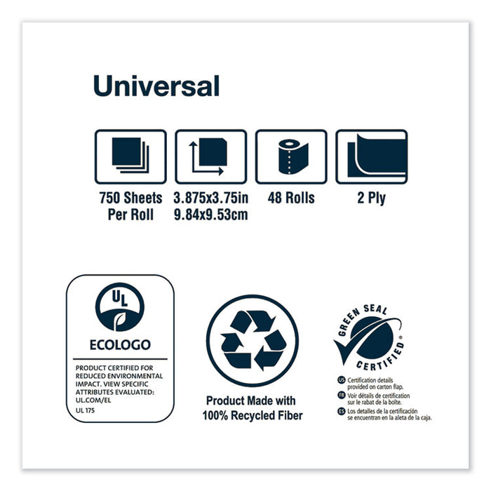 Universal Bath Tissue, Septic Safe, 2-Ply, White, 750 Sheets/Roll, 48 Rolls/Carton