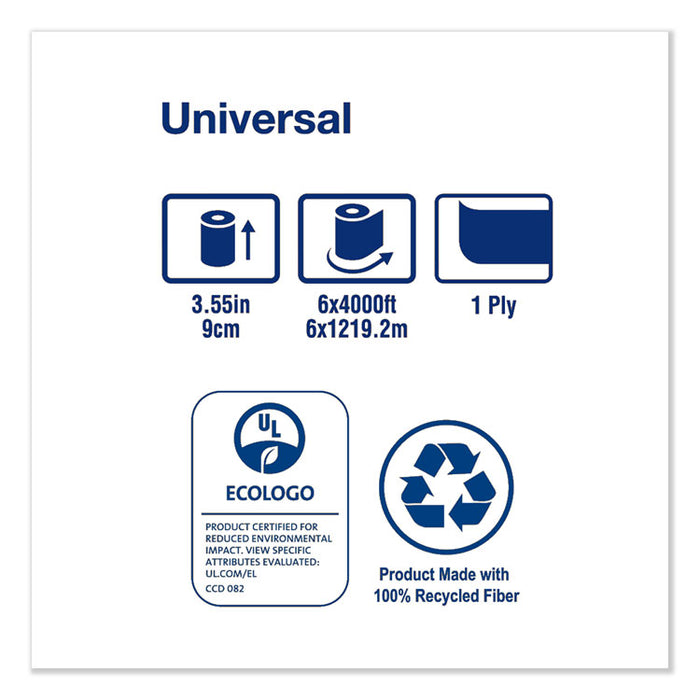 Universal Jumbo Bath Tissue, Septic Safe, 1-Ply, White, 3.48" x 4,000 ft, 6/Carton