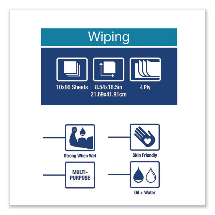 Industrial Paper Wiper, 4-Ply, 8.54 x 16.5, Blue, 90 Towels/Box, 10 Box/Carton