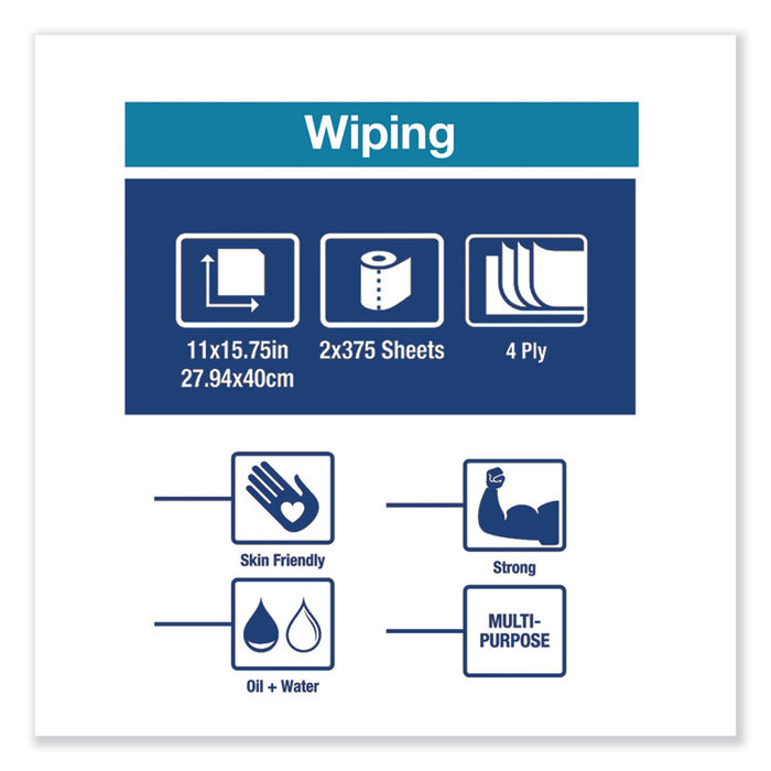 Industrial Paper Wiper, 4-Ply, 11 x 15.75, Blue, 375 Wipes/Roll, 2 Roll/Carton