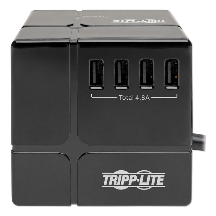 Three-Outlet Power Cube Surge Protector with Six USB-A Ports, 6 ft Cord, 540 Joules, Black