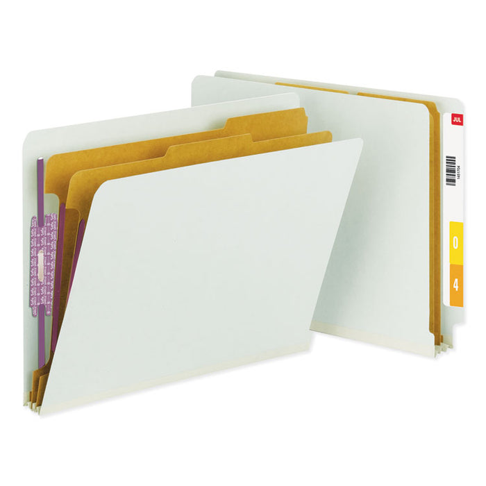 End Tab Pressboard Classification Folders with SafeSHIELD Coated Fasteners, 2 Dividers, Letter Size, Gray-Green, 10/Box