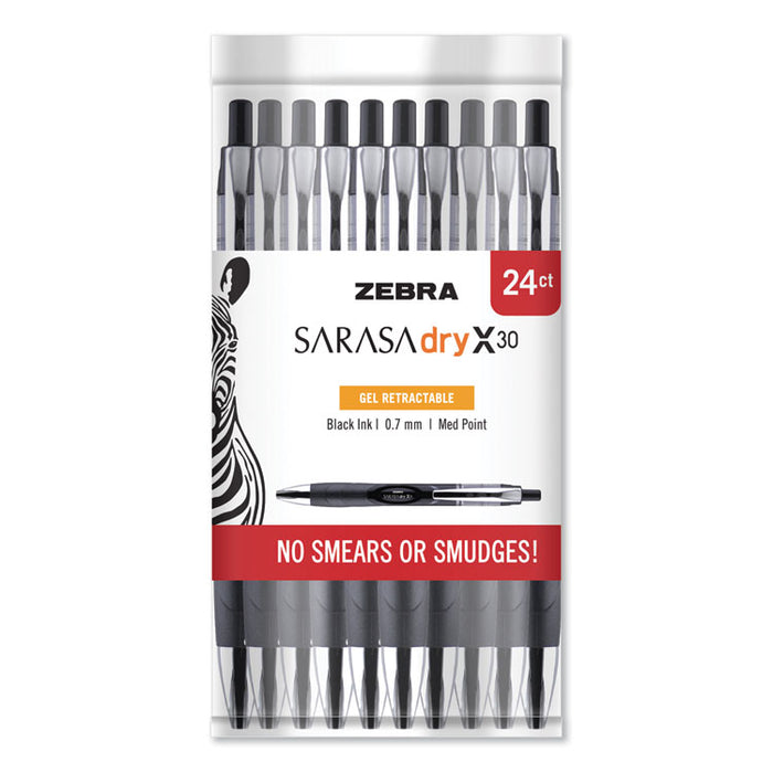 Sarasa Dry Gel X30 Gel Pen, Retractable, Medium 0.7 mm, Black Ink, Black Barrel, 24/Pack