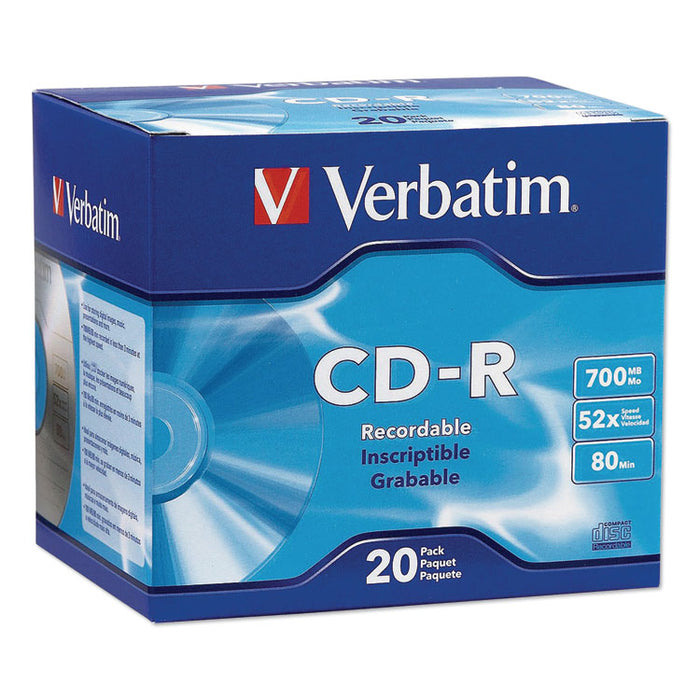 CD-R Discs, 700MB/80min, 52x, w/Slim Jewel Cases, Silver, 20/Pack
