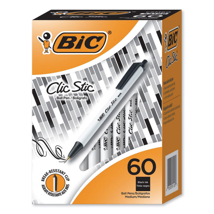 Clic Stic Retractable Ballpoint Pen, Medium 1.2 mm, Black Ink, White Barrel, 60/Pack