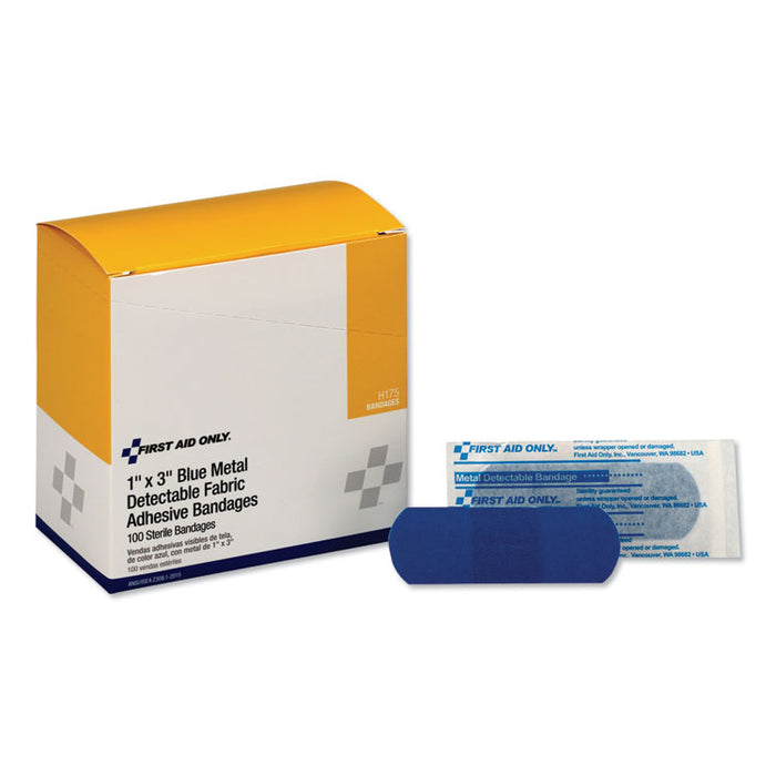 Adhesive Blue Metal Detectable Bandages, 1 x 3, Plastic w/Foil, 100/Bx, 12 Bx/Ct