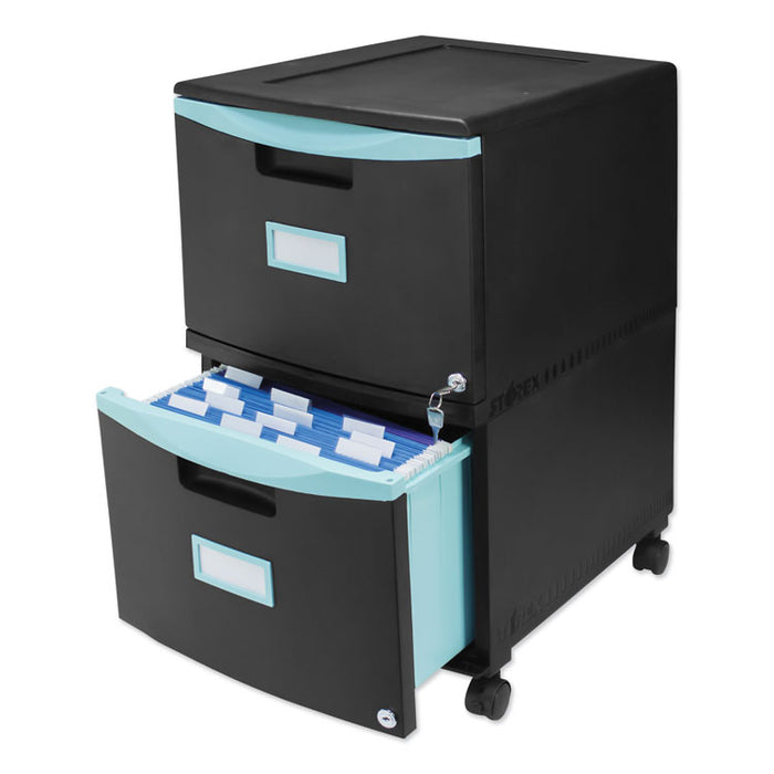 Two-Drawer Mobile Filing Cabinet, 2 Legal/Letter-Size File Drawers, Black/Teal, 14.75" x 18.25" x 26"