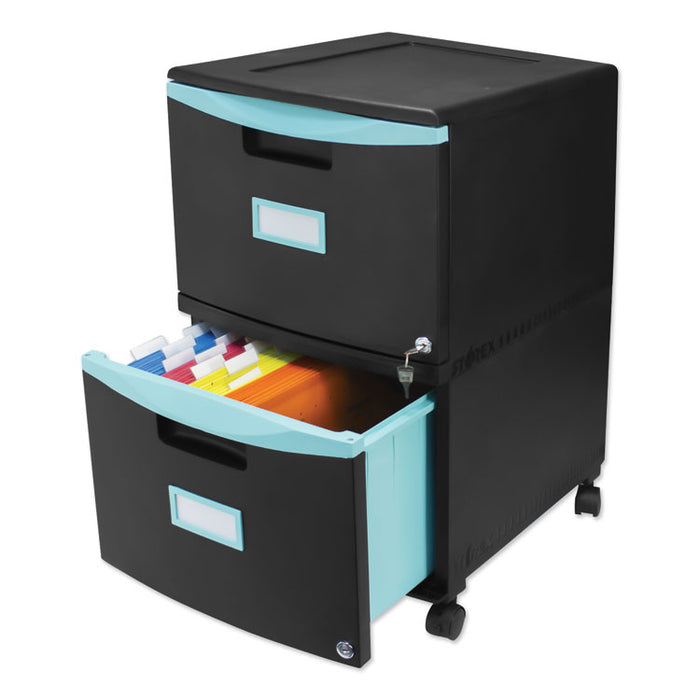 Two-Drawer Mobile Filing Cabinet, 2 Legal/Letter-Size File Drawers, Black/Teal, 14.75" x 18.25" x 26"