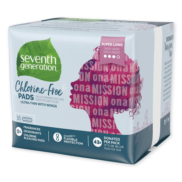 Chlorine-Free Ultra Thin Pads with Wings, Super Long, 16/Pack, 6 Packs/Carton