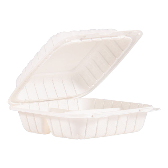 Hinged Lid Containers, 3-Compartment, 8.3 x 8 x 3, White, Plastic, 150/Carton