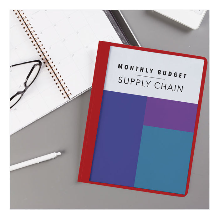 Durable Clear Front Report Cover, Prong Fastener, 0.13" Capacity, 8.5 x 11, Clear/Red, 25/Box