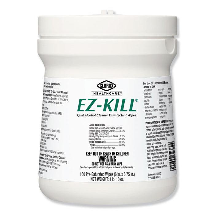 EZ-Kill Quat Alcohol Cleaner Disinfectant Wipes, 6 x 6.75, 160/Canister, 12 Canisters/Carton