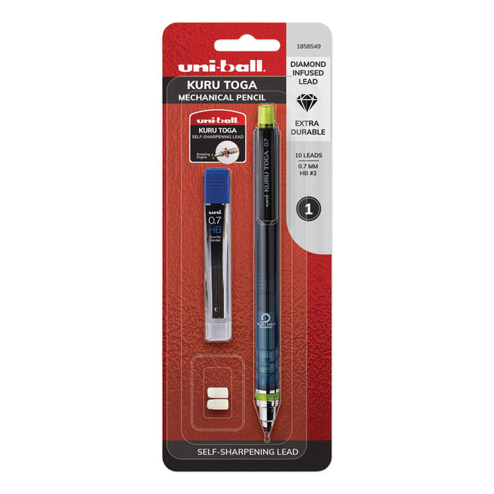 KuruToga Mechanical Pencil, 0.7 mm, HB (#2), Black Lead, Black/Green Barrel