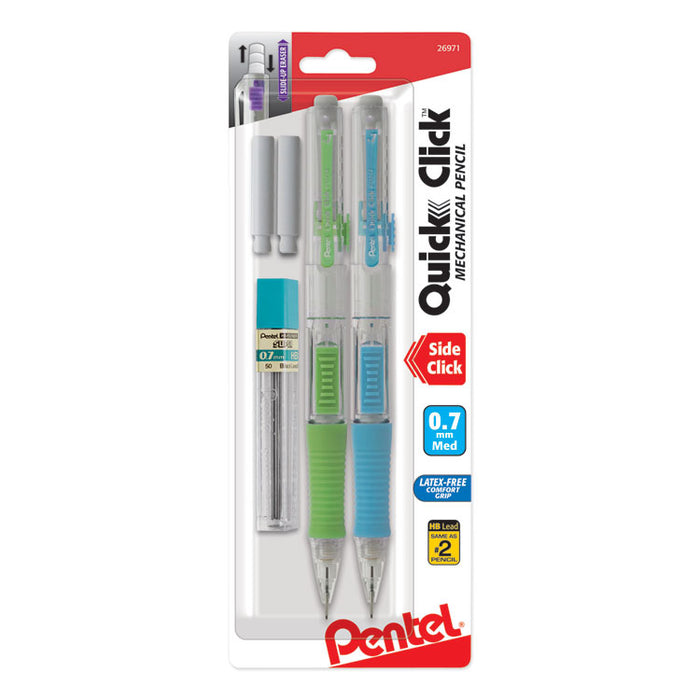 QUICK CLICK Mechanical Pencil, 0.7 mm, HB (#2.5), Black Lead, Assorted Barrel Colors, 2/Pack