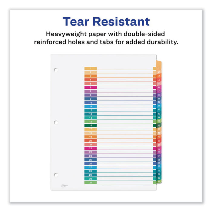 Customizable Table of Contents Ready Index Dividers with Multicolor Tabs, 31-Tab, 1 to 31, 11 x 8.5, White, 1 Set