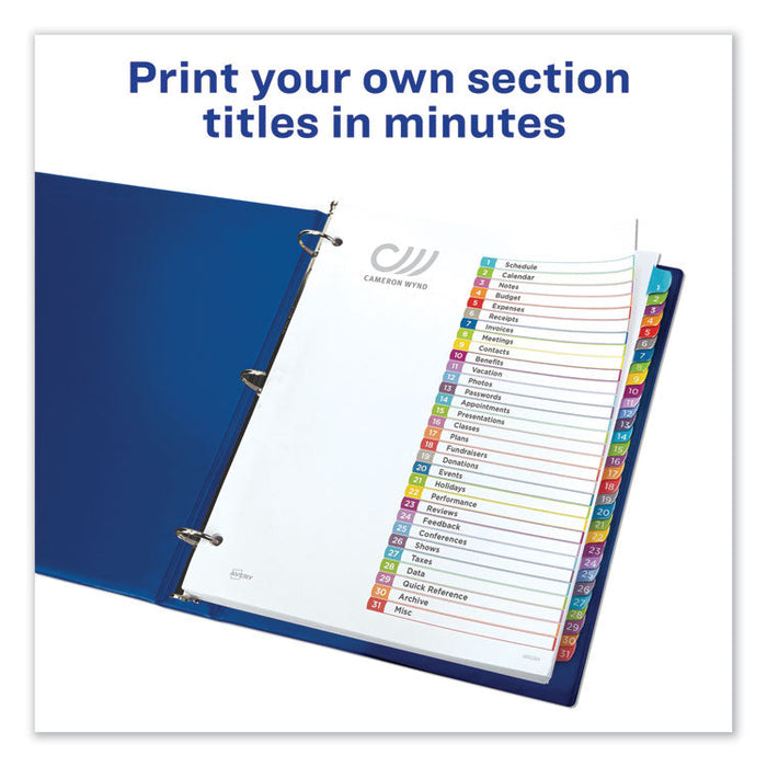 Customizable TOC Ready Index Multicolor Dividers, 1-31, Letter