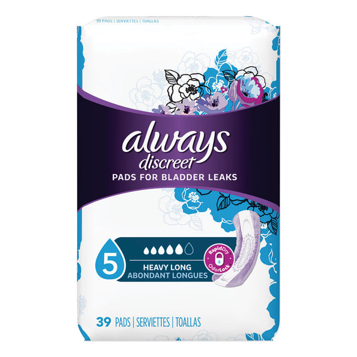 Discreet Sensitive Bladder Protection Pads, Heavy Absorbency, Long, 39/Pack, 3 Packs/Carton
