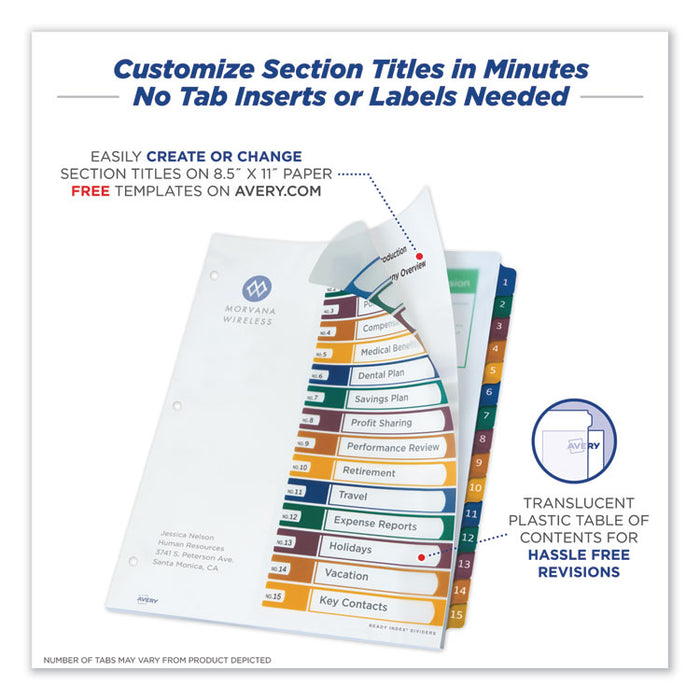 Customizable Table of Contents Ready Index Dividers with Multicolor Tabs, 15-Tab, 1 to 15, 11 x 8.5, Translucent, 1 Set