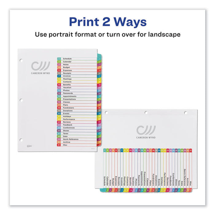 Customizable TOC Ready Index Multicolor Dividers, 1-31, Letter