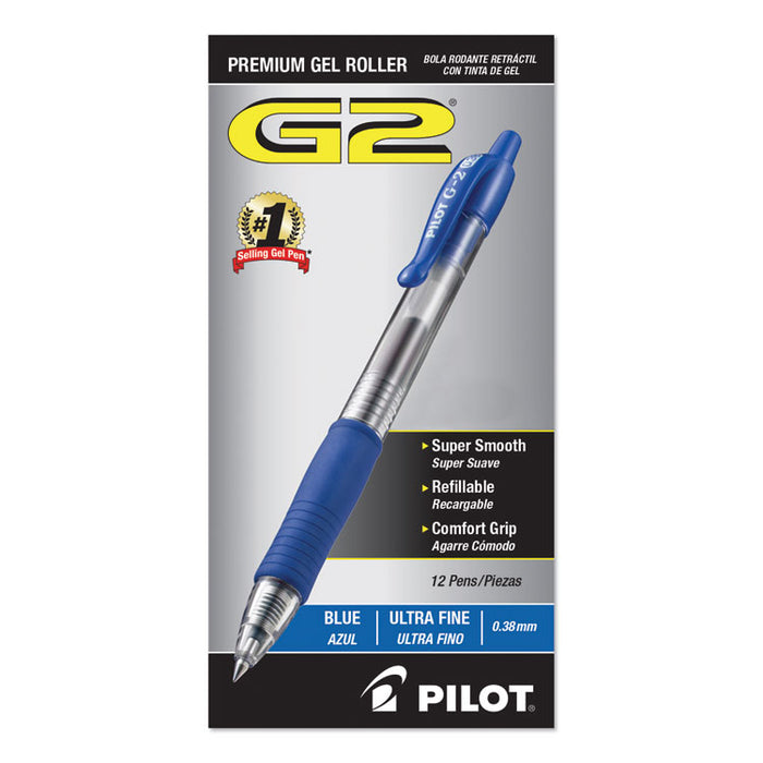 G2 Premium Gel Pen Convenience Pack, Retractable, Extra-Fine 0.38 mm, Blue Ink, Clear/Blue Barrel, Dozen