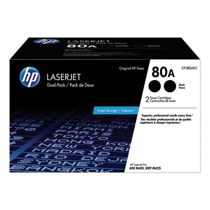 HP 80A, (CF280AD1) 2-Pack Black Original LaserJet Toner Cartridge