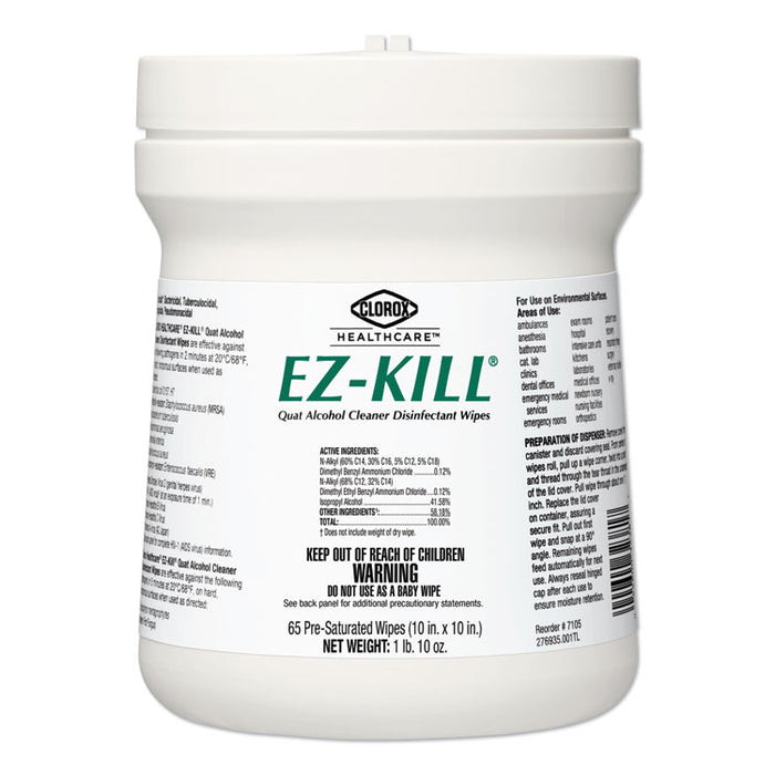 EZ-Kill Quat Alcohol Cleaner Disinfectant Wipes, 10 x 10, 65/Canister, 12 Canisters/Carton