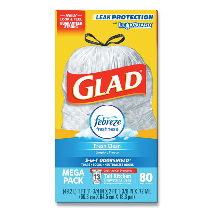 OdorShield Tall Kitchen Drawstring Bags, 13 gal, 0.95 mil, 24" x 27.38", White, 240/Carton