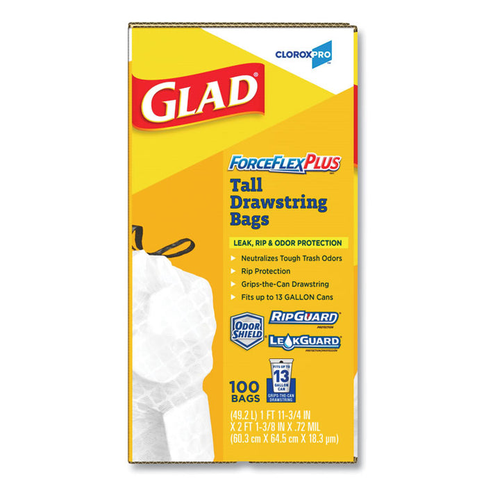 ForceFlexPlus Tall Kitchen Drawstring Trash Bags, 13 gal, 0.72 mil, 23.75" x 24.88", White, 100/Box
