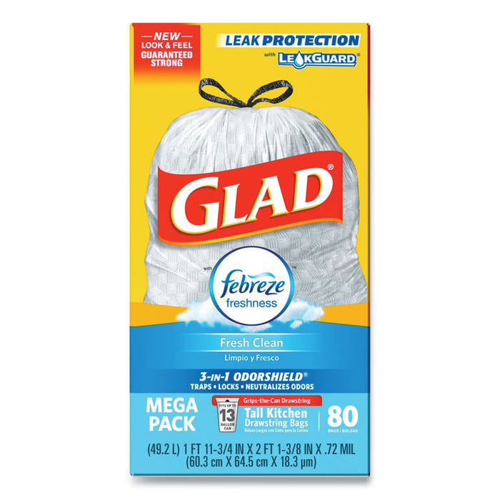 OdorShield Tall Kitchen Drawstring Bags, 13 gal, 0.72 mil, 24" x 27.38", White, 80/Box