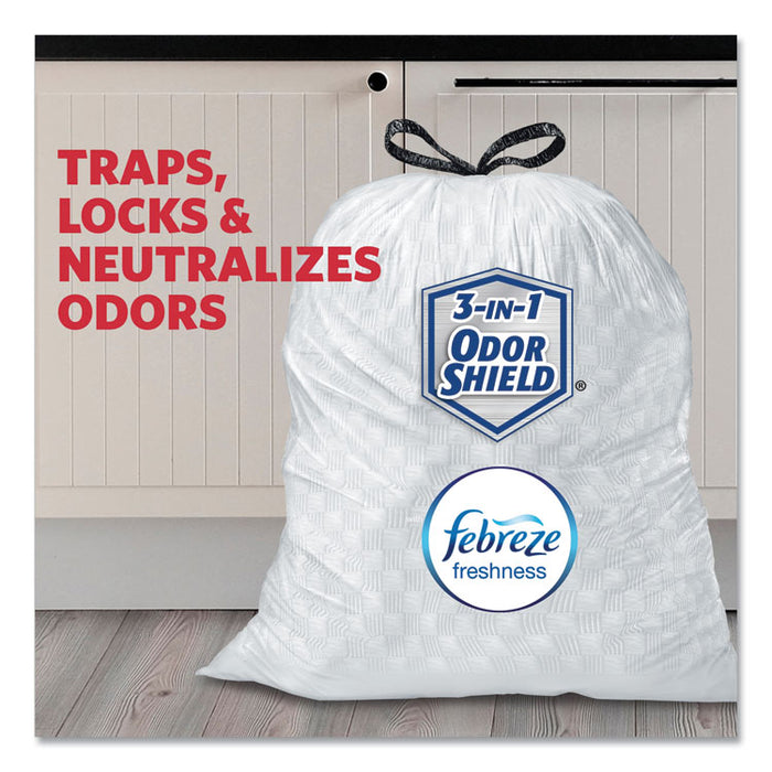 OdorShield Tall Kitchen Drawstring Bags, 13 gal, 0.95 mil, 24" x 27.38", White, 80/Box