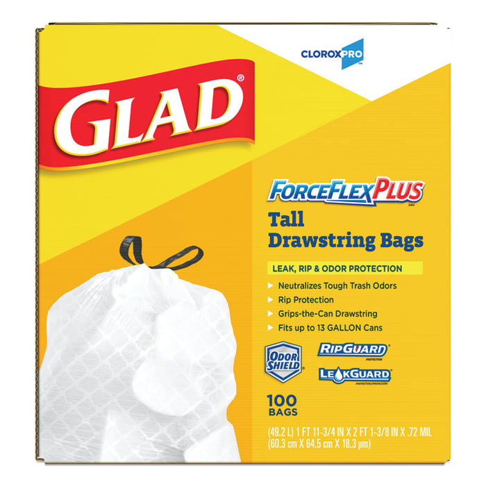 ForceFlexPlus Tall Kitchen Drawstring Trash Bags, 13 gal, 0.72 mil, 23.75" x 24.88", White, 100/Box