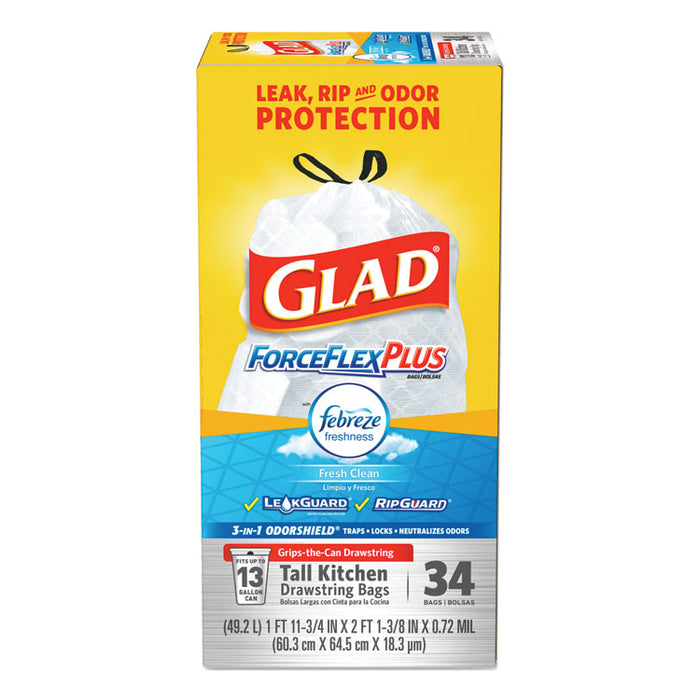 ForceFlexPlus OdorShield Tall Kitchen Drawstring Trash Bags, 13 gal, 0.9 mil, 24" x 28", White, 204/Carton