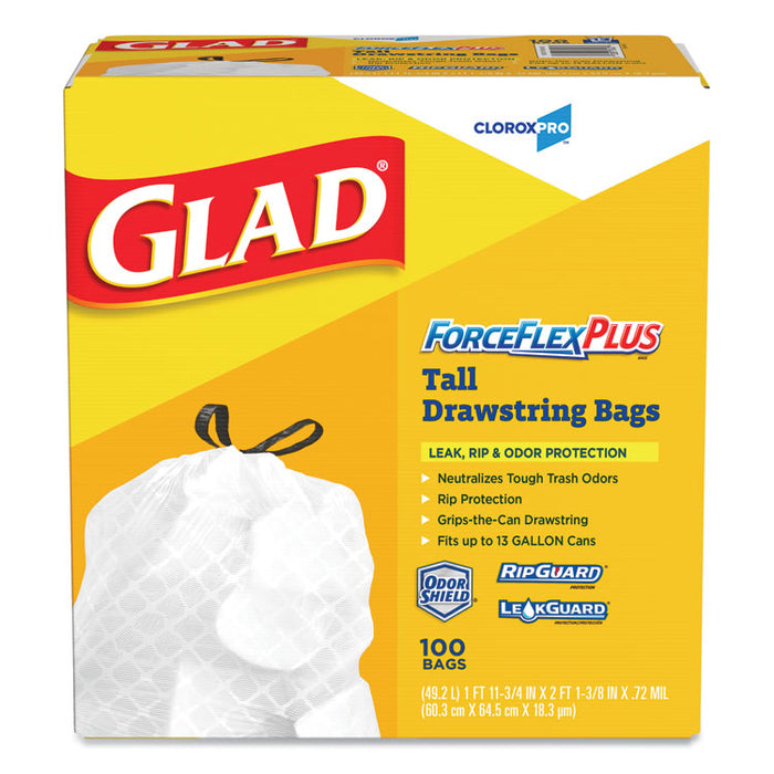 ForceFlexPlus Tall Kitchen Drawstring Trash Bags, 13 gal, 0.72 mil, 23.75" x 24.88", White, 100/Box