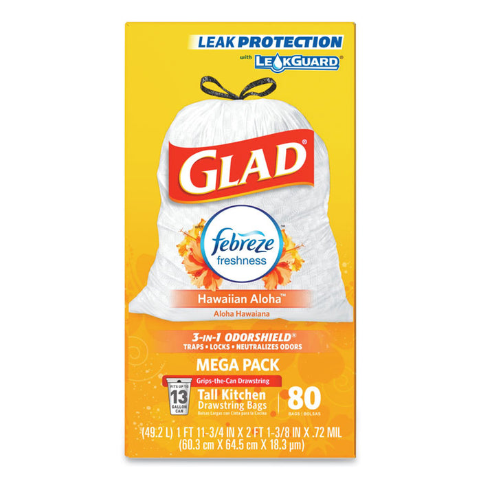 OdorShield Tall Kitchen Drawstring Bags, 13 gal, 0.95 mil, 24" x 27.38", White, 80/Box