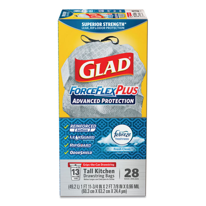 ForceFlexPlus OdorShield Tall Kitchen Drawstring Trash Bags, 13 gal, 0.96 mil, 24" x 28", White, 168/Carton