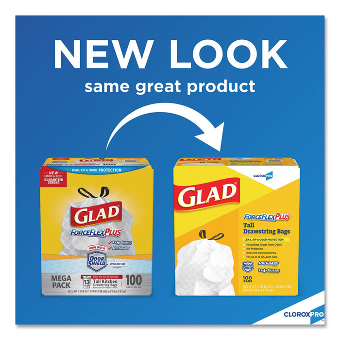 ForceFlexPlus Tall Kitchen Drawstring Trash Bags, 13 gal, 0.72 mil, 23.75" x 24.88", White, 100/Box