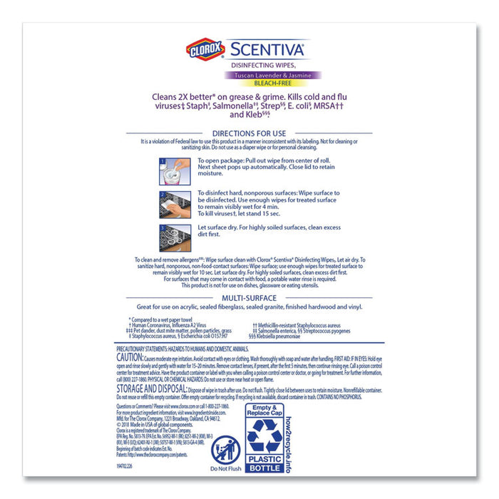 Scentiva Disinfecting Wipes, Tuscan Lavender and Jasmine, 7 x 8, 70/Can, 6/CT