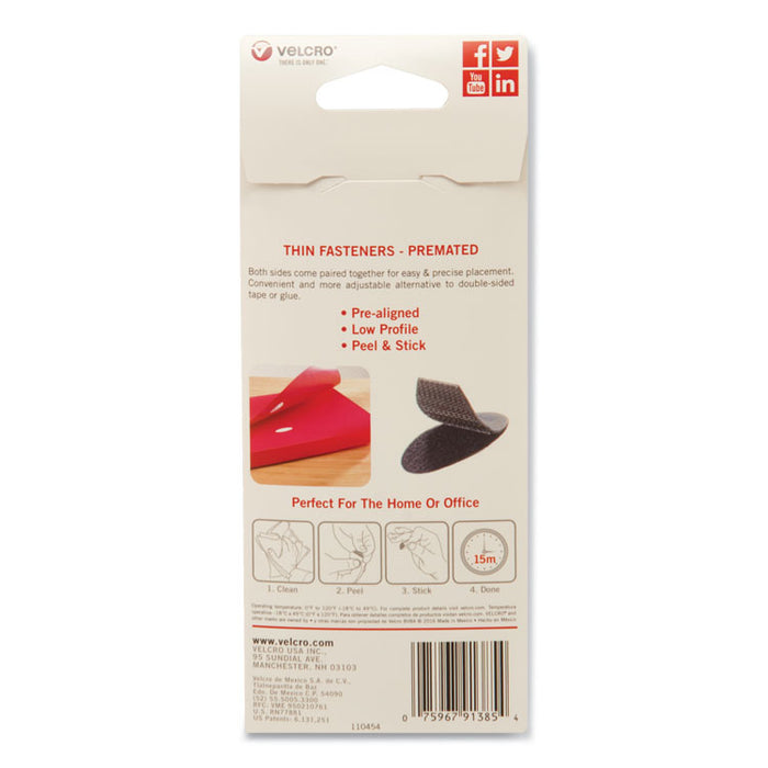 Wafer-Thin Hook and Loop Fasteners, 0.5" x 1.25", Black, 40/Pack