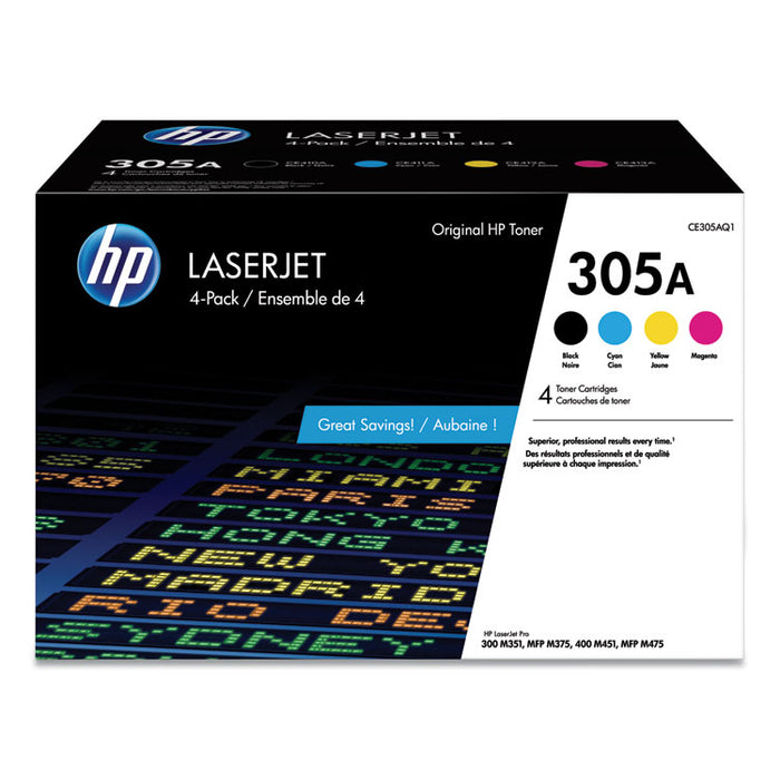 HP 305A, (CE305AQ1) 4-Pack Black/Cyan/Magenta/Yellow Original LaserJet Toner Cartridges