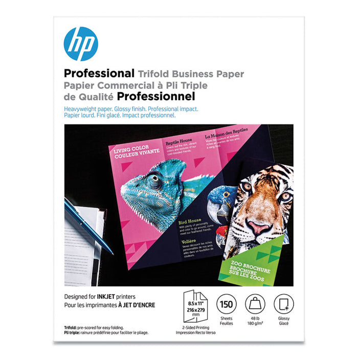 Professional Trifold Business Paper, 48 lb, 8.5 x 11, Glossy White, 150/Pack
