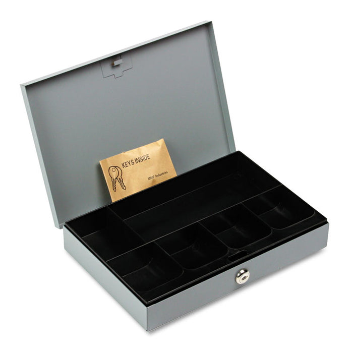 Heavy-Duty Steel Low-Profile Cash Box w/6 Compartments, Key Lock, Gray