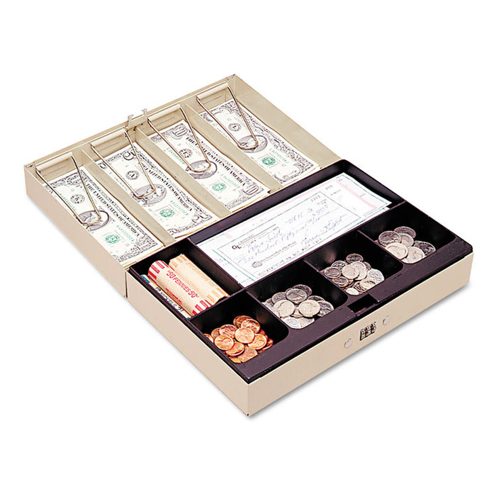 Heavy-Duty Steel Lay-Flat Cash Box w/6 Compartments, Combination Lock, Sand