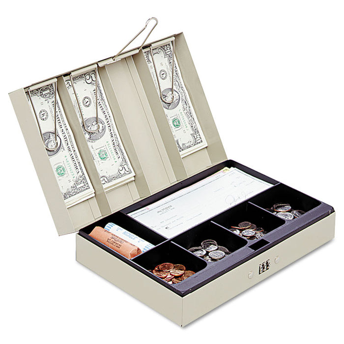 Heavy-Duty Steel Lay-Flat Cash Box w/6 Compartments, Combination Lock, Sand