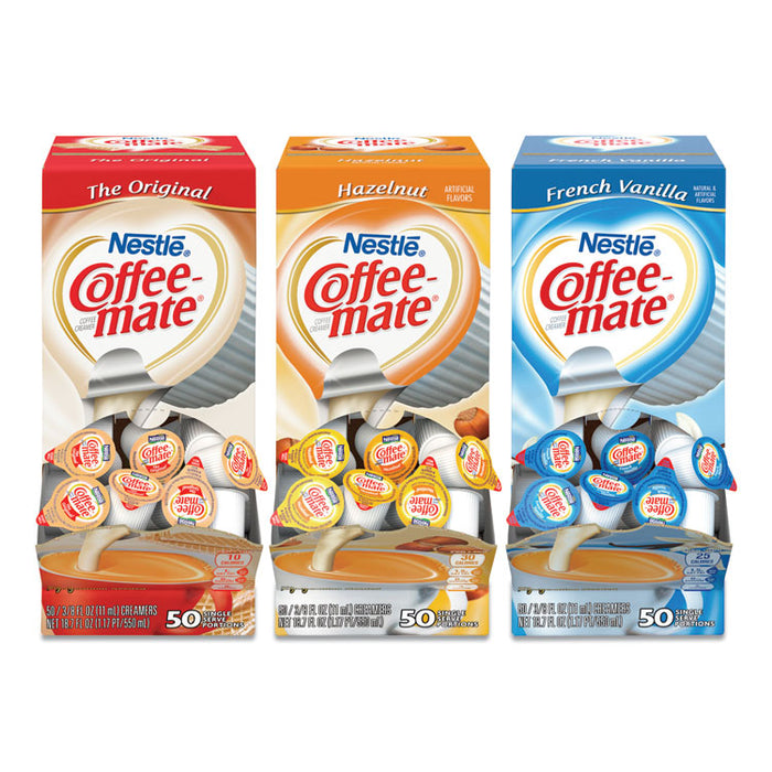 Liquid Coffee Creamer, French Vanilla/Hazelnut/Original, 0.38 oz Mini Cups, 150 Cups/Carton