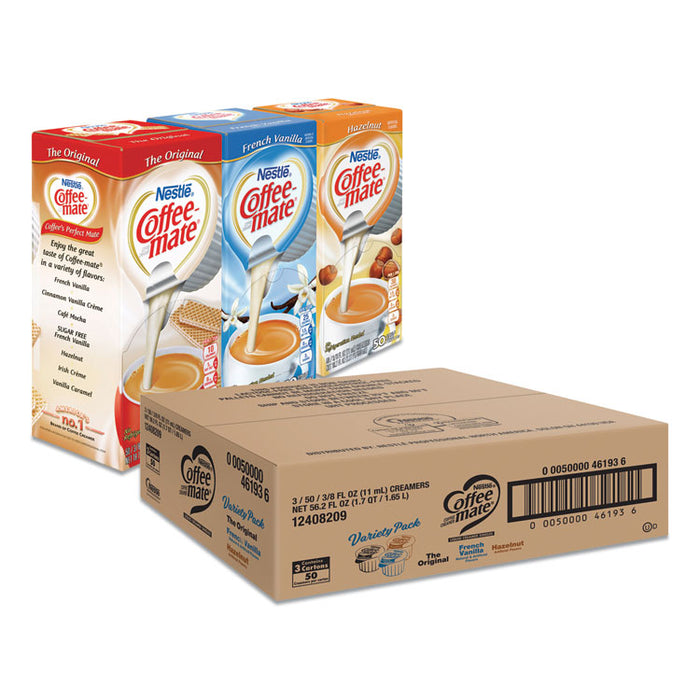 Liquid Coffee Creamer, French Vanilla/Hazelnut/Original, 0.38 oz Mini Cups, 150 Cups/Carton