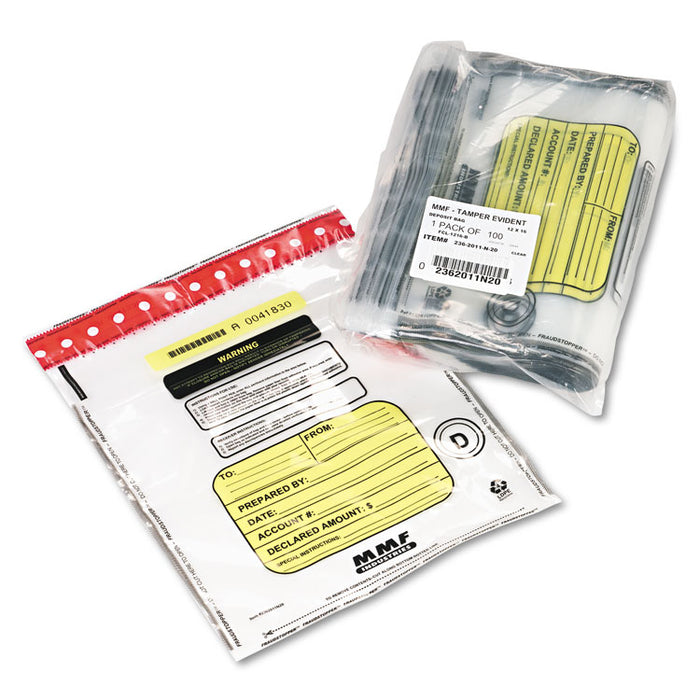 Tamper-Evident Deposit/Cash Bags, Plastic, 12 x 16, Clear, 100 Bags/Box