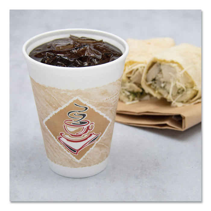 Cafe G Hot/Cold Cups, Foam, 12 oz, White with Brown/Red/White, 20/Bag, 50 Bags/Carton