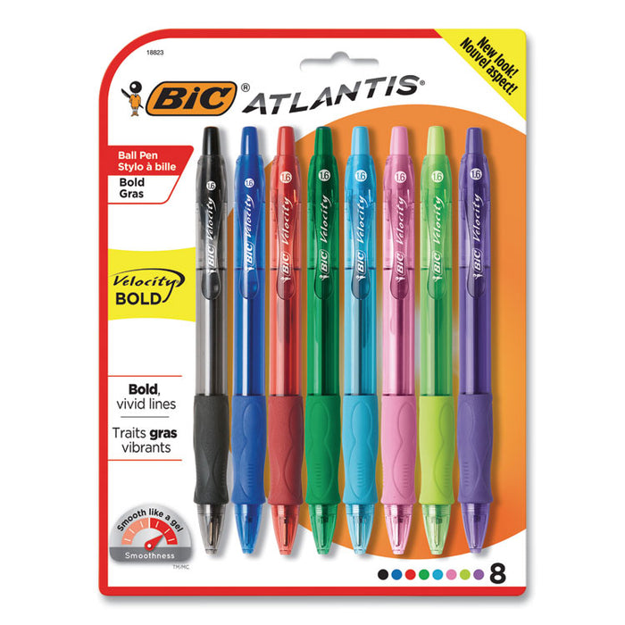 Velocity Atlantis Bold Retractable Ballpoint Pen, 1.6mm, Assorted Ink & Barrel, 8/Pack