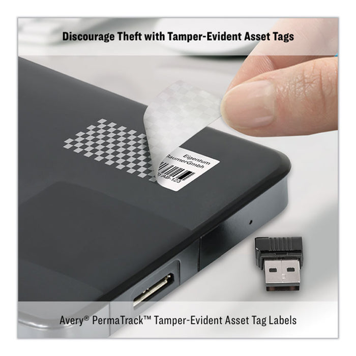 PermaTrack Tamper-Evident Asset Tag Labels, Laser Printers, 0.75 x 1.5, White, 40/Sheet, 8 Sheets/Pack